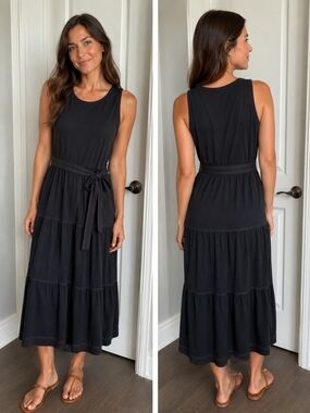 For Cynthia Black Sleeveless Tiered Maxi Dress with Waist Tie NEW XL